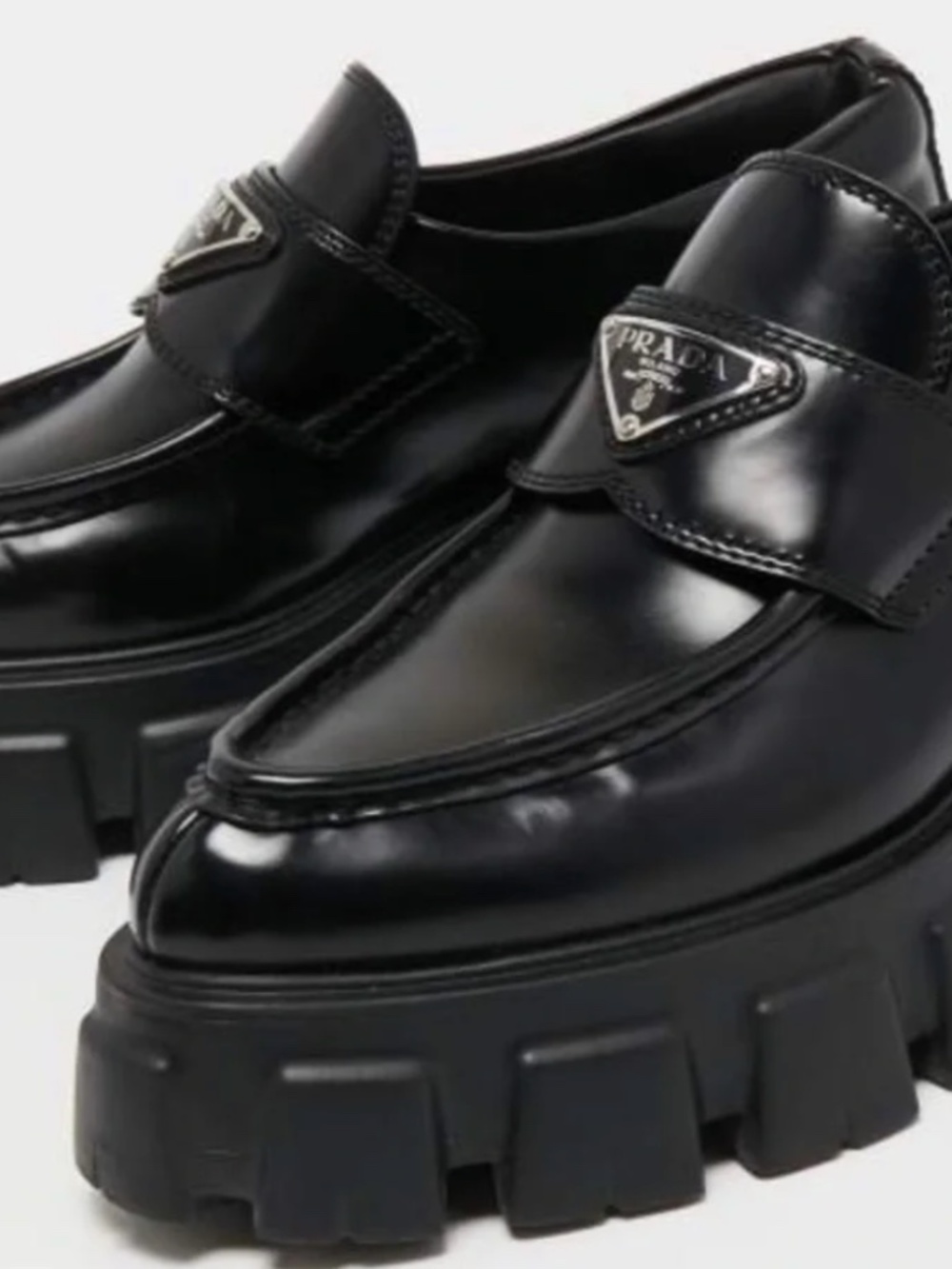 Prada Black Leather Monolith Logo Loafers